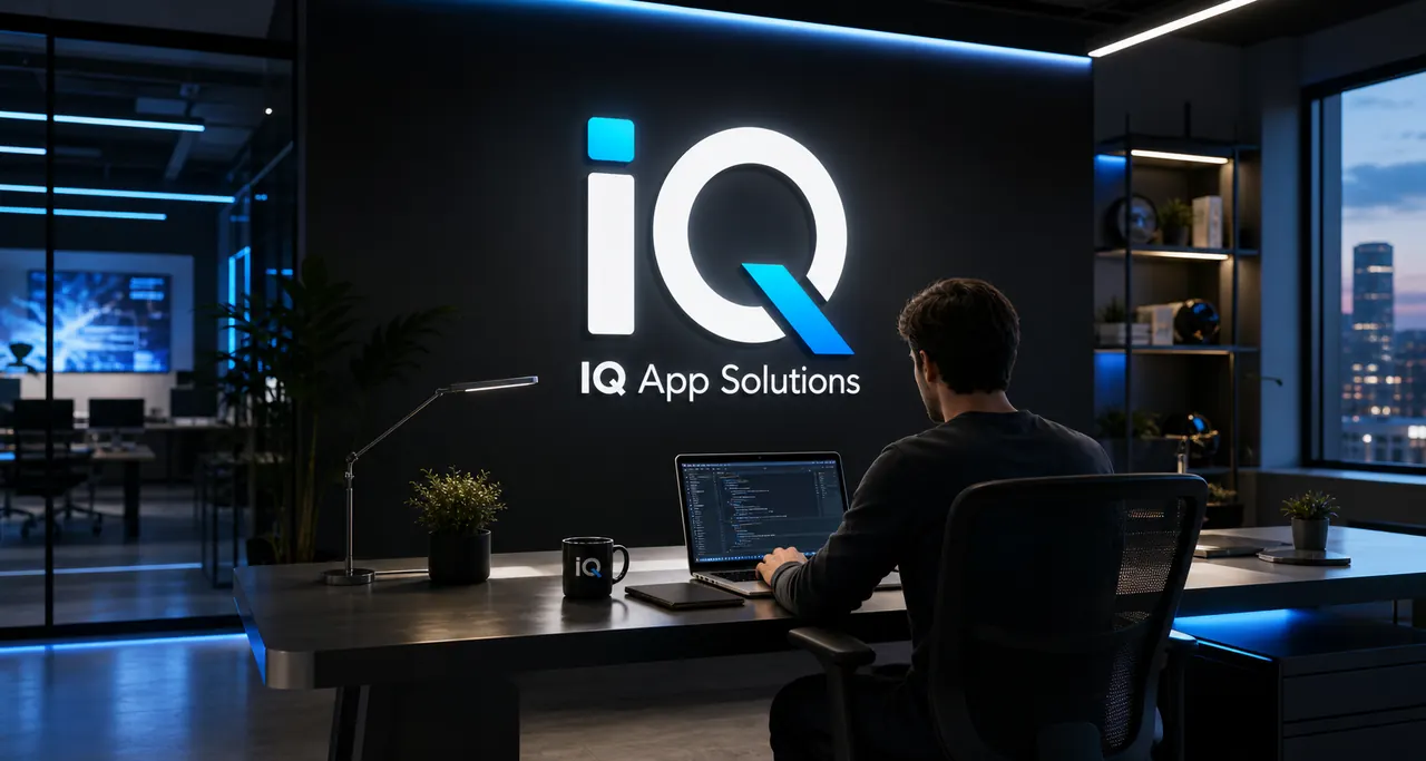 IQ App Solutions technology studio with the company logo on the wall.