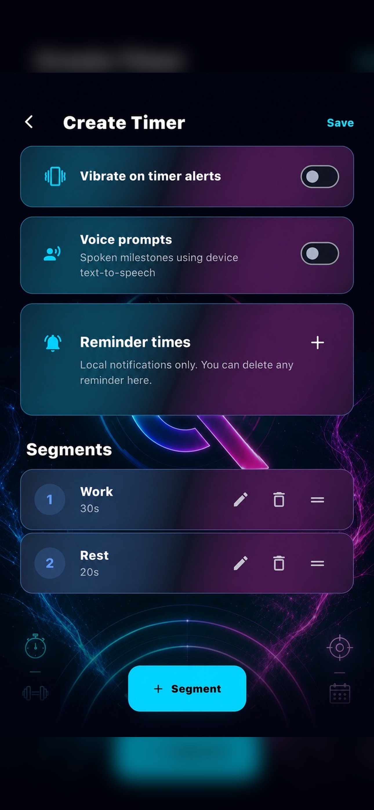 TimeIQ timer editor showing alerts, voice prompts, reminders, and configurable timer segments.