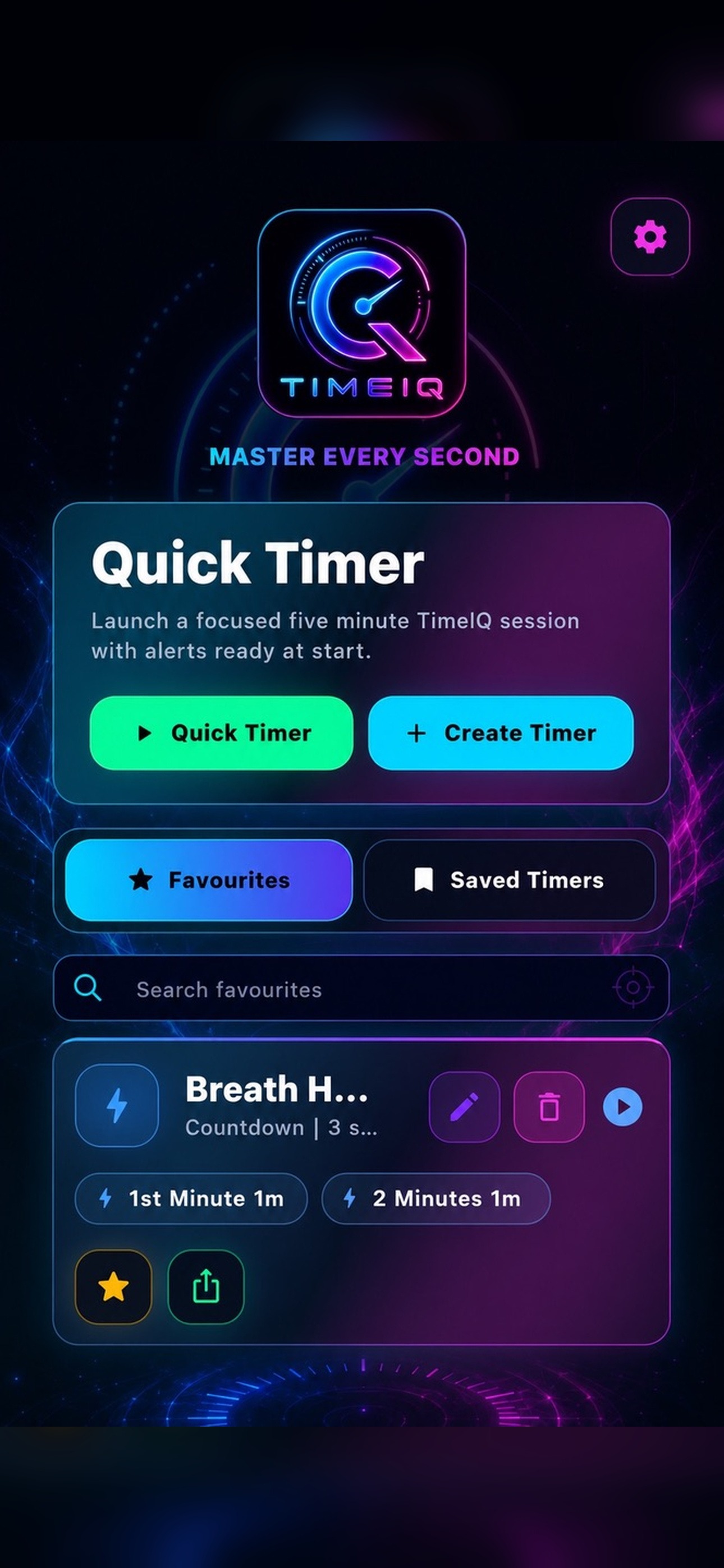 TimeIQ home screen with quick timer controls and saved routines.