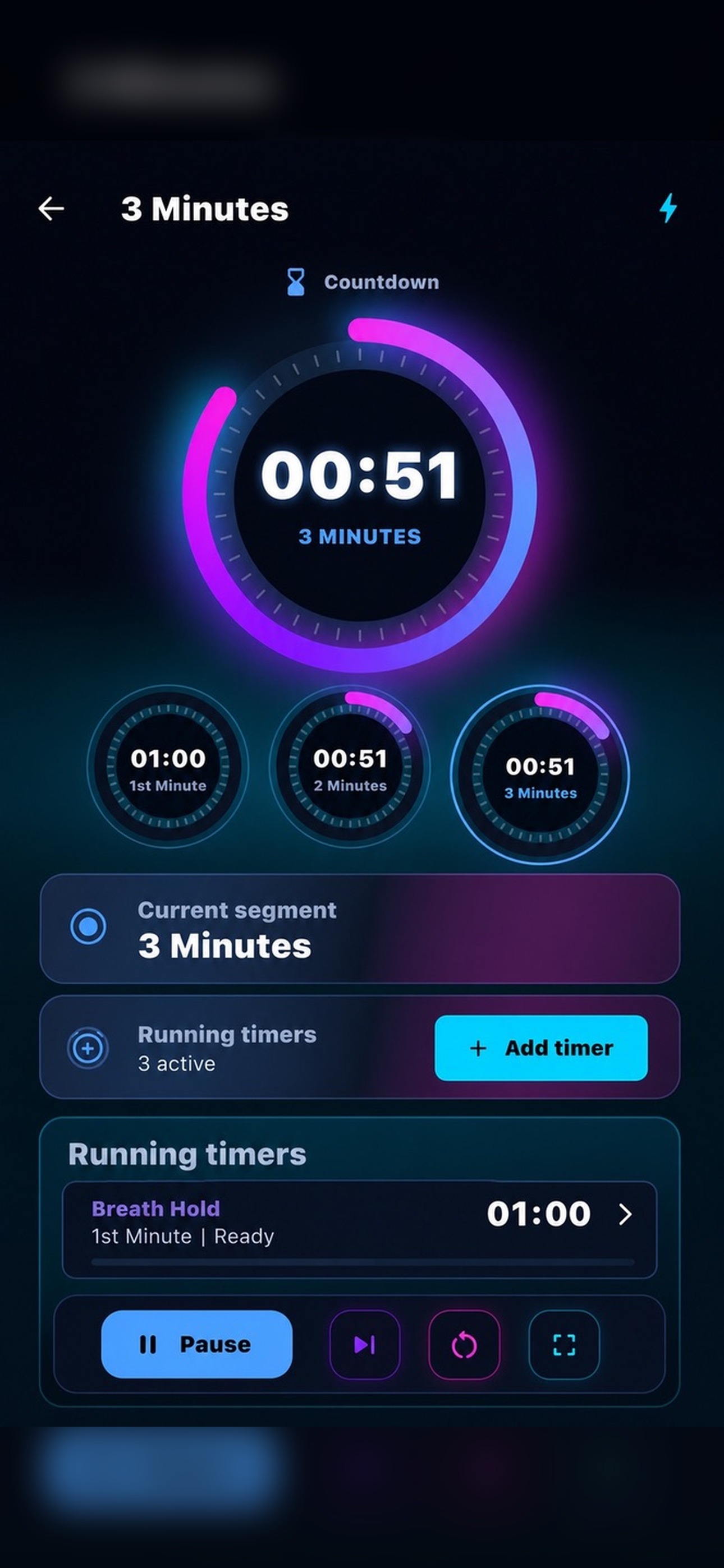 TimeIQ running a three-stage countdown with progress indicators and timer controls.